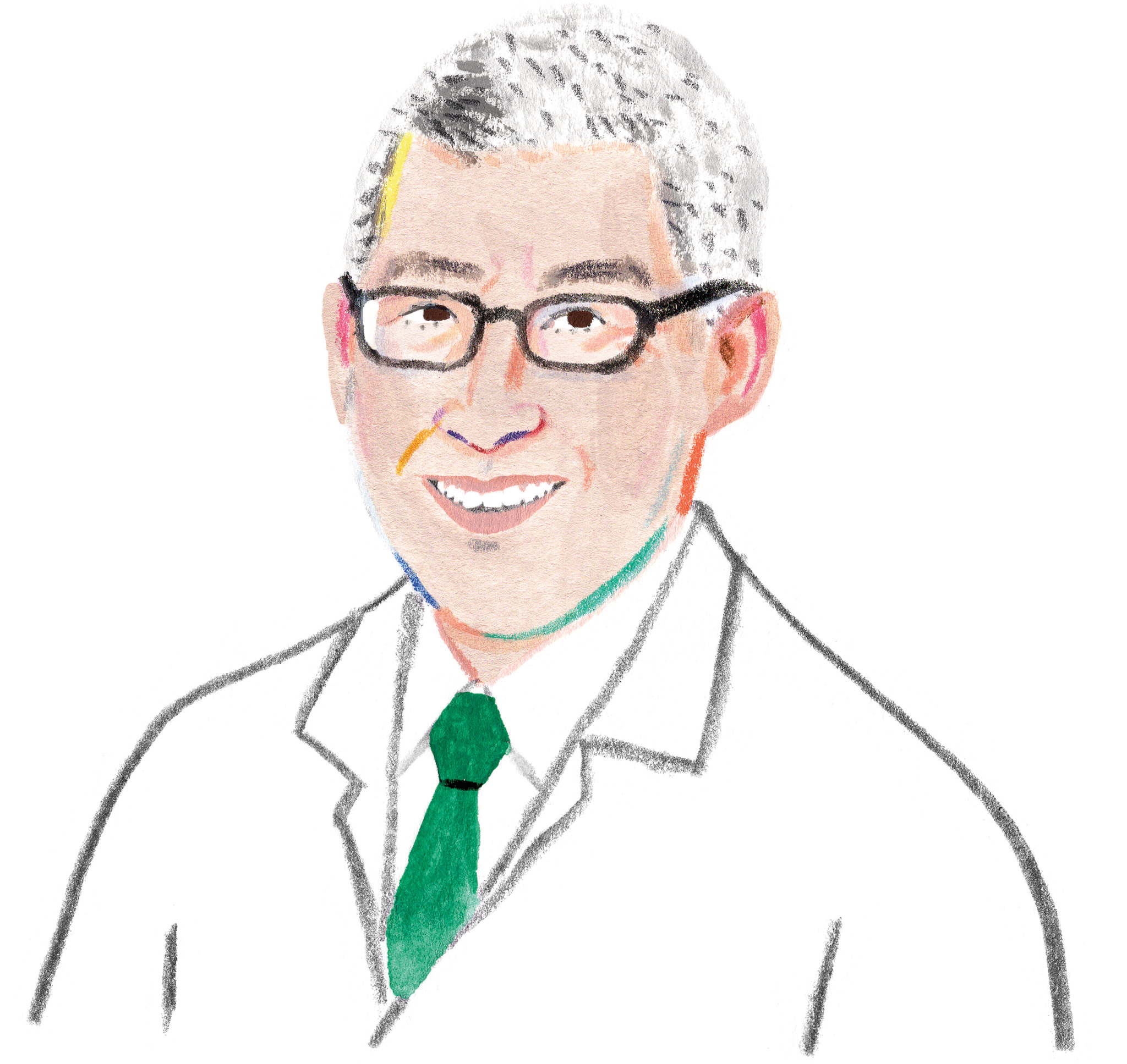Illustration of a middle-aged Asian man in glasses wearing a white coat with a white collared shirt and a green tie.